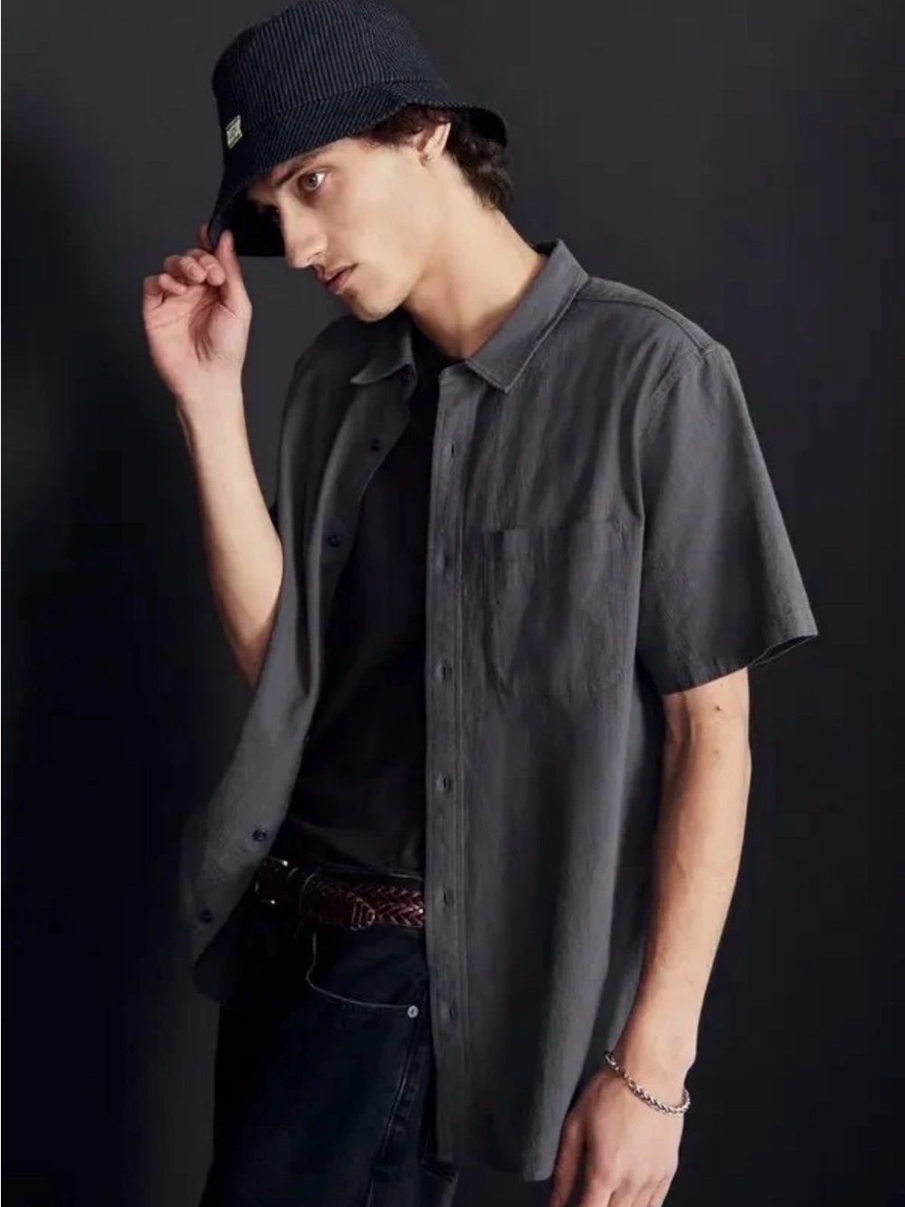 Madewell Crinkle Cotton Perfect Short-Sleeve Shirt In Thunder Cloud Gray Size: L